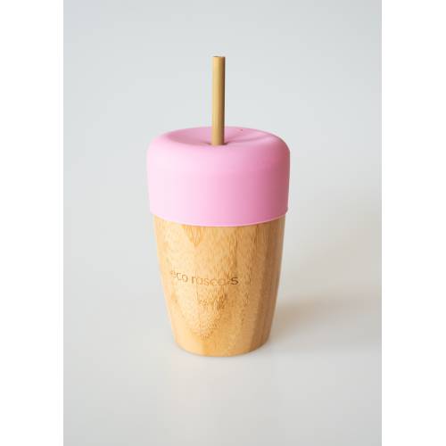 Vaso Bambú con pajita y tapa color rosa, de Ecorascals