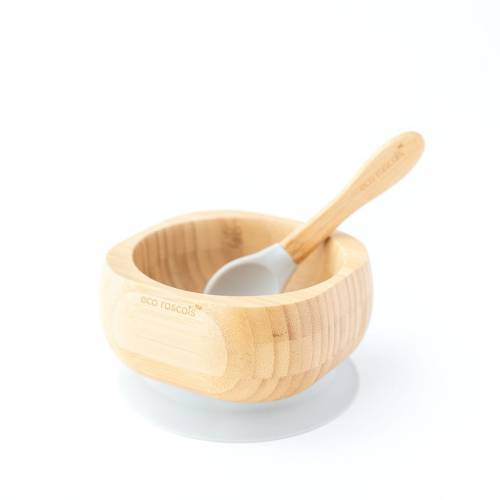 Bol Bambú con cuchara y base de succión gris, de Ecorascals