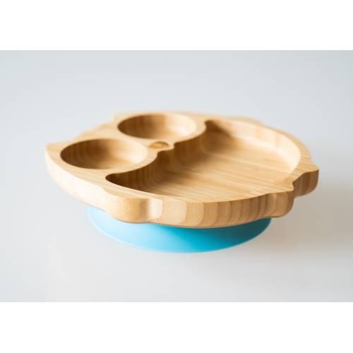 Plato Bambú Búho con base de succión Azul, Ecorascals